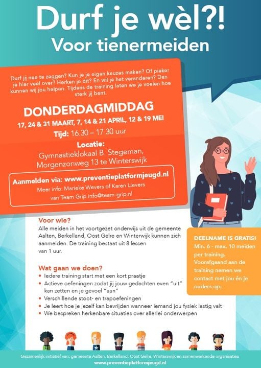 Meiden, kom voor jezelf op! Meld je nu aan voor de gratis weerbaarheidstraining in maart, in Winterswijk.
Voor jezelf opkomen. ‘…