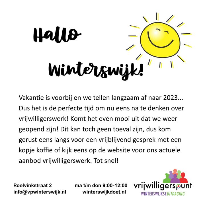 Hallo Winterswijk!

Vakantie is voorbij en we tellen langzaam af naar 2023… 
Dus het is de perfecte tijd om nu eens na te denk…