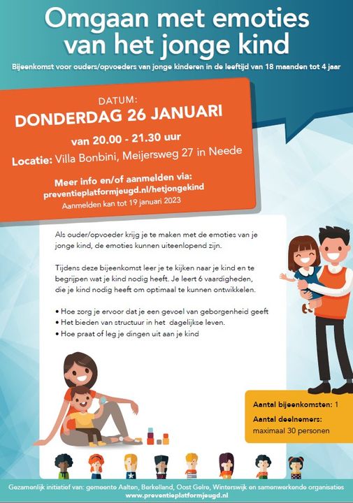 Bijeenkomst in Neede op 26 januari over omgaan met emoties van het jonge kind. Geef je op via www.preventieplatformjeugd.nl/hetj…