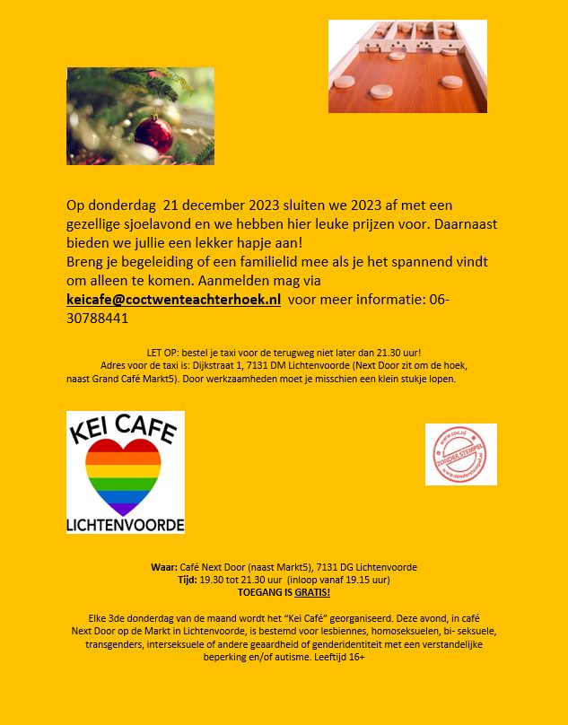 Op donderdag  21 december 2023 sluit het Kei Café het jaar af met een gezellige bijeenkomst!