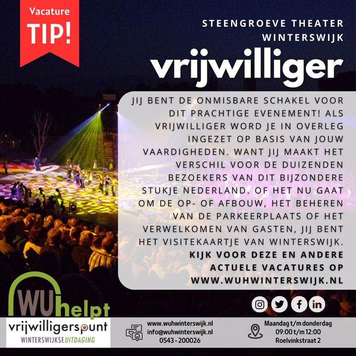 Doe mee met het Steengroeve Theater Spektakel!  

Wil jij deze zomer deel uitmaken van een bijzonder evenement in Winterswijk?…